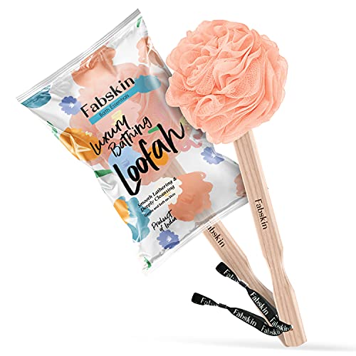 Image of FABSKIN Luxury Back Bathing Loofah With Wooden Handle for Men and Women | Pack of 1 | Loofah For Back Bathing with handle | Back Bathing Loofah Brush | Back Scrubber for Bathing (Peach)