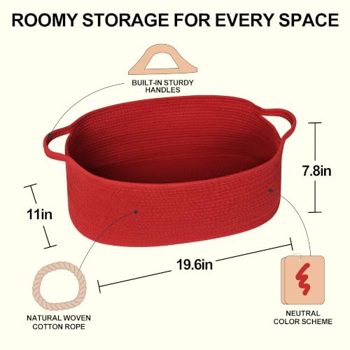 Image of Large Woven Gift Basket Empty, Red Cotton Rope Storage Bin with Handles, Dog Toy Box, Baby Nursery Organizer Bin, Decorative Shelf Basket, Blanket Storage, Room Decor, Red, 19.6 inchx11 inchx7.8 inch