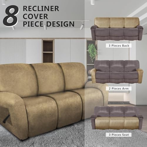 Image of molasofa Recliner Sofa Covers - 8 Pieces Stretch Leather Like Large Couch Covers for 3 Seats Reclining Slipcovers with Elastic Bottom (Mustard)