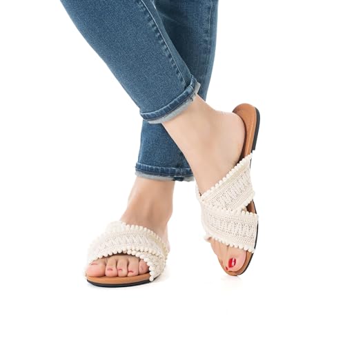 Mtzyoa Women Crisscross Flat Sandals with Pom Pom Trim, Woven Macrame Design, Open Toe Slip On Summer Slides White Size 8 by Mtzyoa - Used condition - Image 6