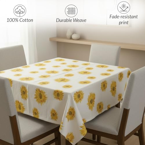 Image of HOMEMONDE 100% Cotton Premium Dining Table Cover 45 x 45 Inches Floral Printed Table Cloth for 4 Seater, Square Centre Table Cover (114 x 114 CM, Sun Flower - Multicolor)