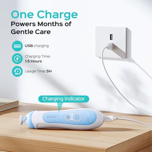 COSLUS Rechargeable Baby Nail File: Cordless Baby Nail Trimmer Electric, Baby Nail Clipper with 5 Speeds & 6 Grinding Heads for Baby Kid, CPC Certified & Quiet Design - Safe for Sleep Trim, C52 Blue - Image 4