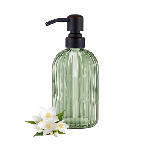 Image of 16Oz Green Glass Soap Dispenser with Rust Proof Bronze Stainless Steel Pump, Green Countertop Refillable Liquid Lotion Dispensers with Stainless Steel Pump, Oil Rubbed Bronze Soap Dispenser