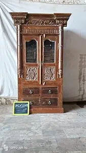 KARNI HANDICRAFTS Solid Wooden Handcarved Wardrobe | Almirah with 2 Door, 4 Drawer & Shelf Storage for Living Room, Bedroom, Hotel & Home, Brown, (105 x 52 x 178 CM)