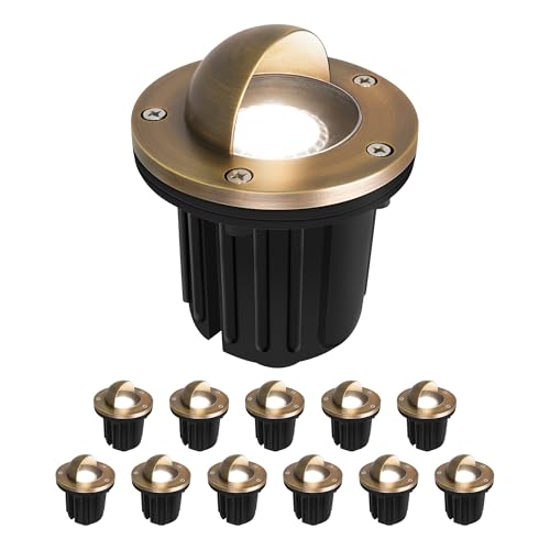 GKOLED LED Brass Well Lights, 12V In Ground Light Outdoor, IP67 Waterproof Low Voltage Landscape Lighting with MR16 Bulb and Swival Base, 5W 140LM 2700K, Up Light for Garden, Beacon Top, 12 Pack