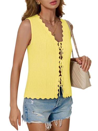 Womens Tie Front Tops Trendy 2025 Summer V Neck Sleeveless Sweater Vests Fashion Cute Crochet Knit Tops3