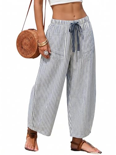 EsheSy Women's Casual Barrel Pants Summer Striped Drawstring Wide Leg