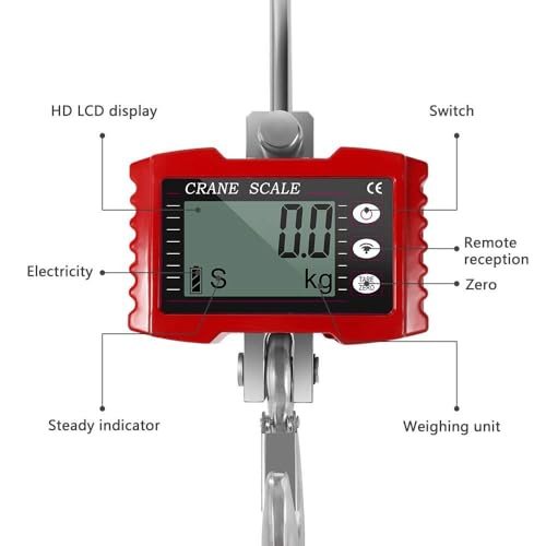 Yapasopu Hangende weegschaal, digitaal, 1000 kg, industriële kraanweegschaal, robuuste hangweegschaal voor boerderijen, draagbare elektronische hangweegschaal, 1 T (rood)