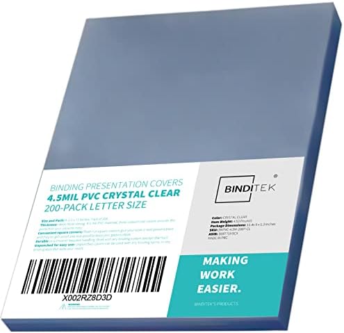 Binditek 200 Pack 4.5mil PVC Binding Presentation Covers,Clear Binding Front Covers,8-1/2 x 11 Inches Report Cover for Binding,Letter Size,Square Corners,Un-Punched