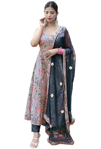 Image of GoSriKi Women's Cotton Blend Anarkali Printed Kurta with Pant & Dupatta