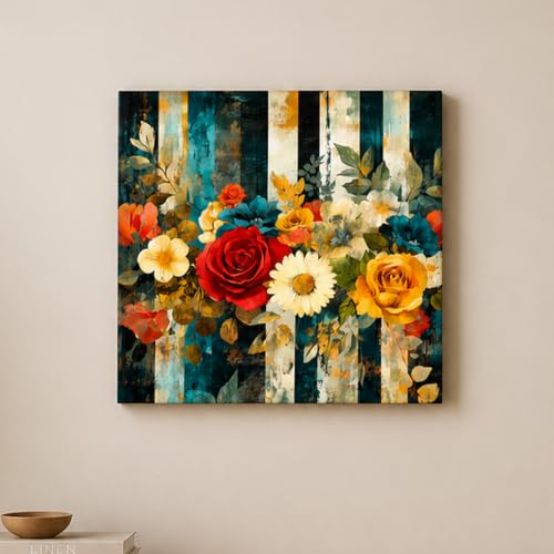 Image of PAINTINGMANTRA Vintage Floral Roses Stretched Canvas Painting for Living Room | Botanical Flower Artwork Wall Decor Art For Livingroom, Bedroom, Office, Hallways - 16x16 Inch