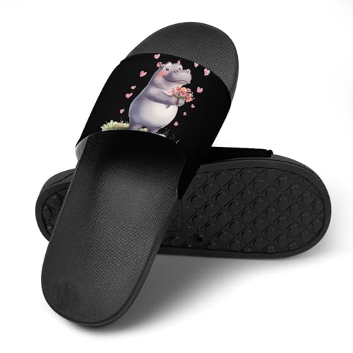 Hippopotamus Flowers Love Heart Shower Slippers for Women Men Casual Non-Slip Slide Sandals Beach Bathroom Shoes4
