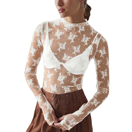 Shiyifa Blusa de malla de manga larga para mujer, cuello alto falso, transparente, floral, transparente, con encaje, Albaricoque, S