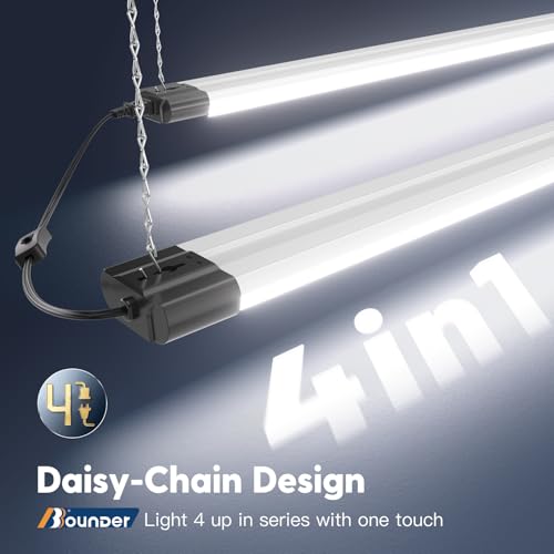 Bbounder 4 Pack Linkable LED Shop Light with Reflector, Super Bright 6500K Cool Daylight, 4400 LM, 4 FT, 48 Inch Integrated Fixture for Garage, 40W Equivalent 250W, Surface & Suspension Mount, Black