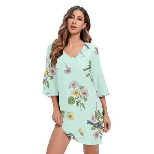 Robe d'été col en V aqua à motif oiseaux : le look swing parfait pour vos soirées en terrasse