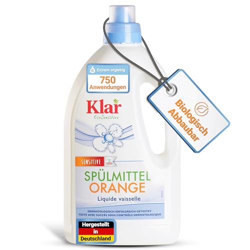 Clear Organic Washing Up Liquid with Orange Fragrance 1.5 L - Powerful Dishwasher Liquid with High Grease Dissolving Power - Skin-friendly Rinse Concentrate in Recycled Bottle - Vegan Dish Soap
