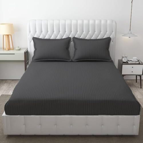 Fresh From Loom Cotton Bedsheet, Microfiber 144 TC Fabric, Striped Pattern, 2 Pillow Covers Bedsheet Set, Premium Feel Bedding for Bedroom Home, Skin Friendly S 108x108 Inches | Grey | Microfiber