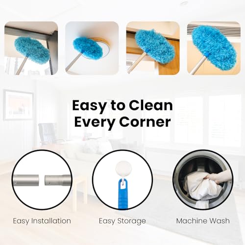 Image of Microfiber Ceiling Fan Cleaner Duster - Extendable 13-67 Inch Pole, Reusable for High Ceilings, Fans, Furniture, Blinds, Walls, Bookshelves, Doors (Blue)