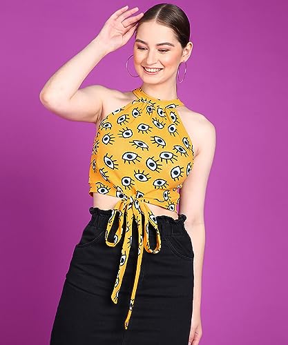 Image of POPWINGS Women Casual Yellow Eye Printed Sleeveless Halter Neck String Knot Crop Top | Women Tops | Women Regular Tops | Women Tops | Women Stylish Tops