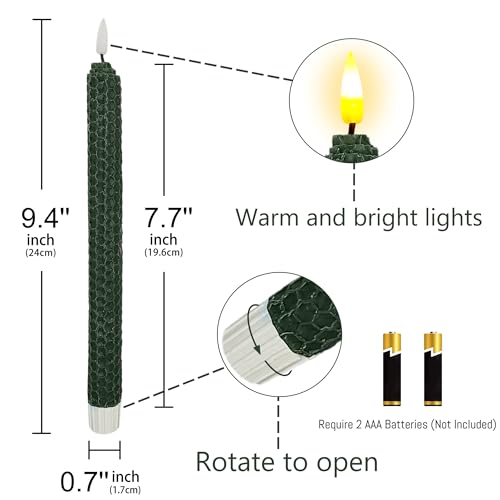 Image of Flameless LED Taper Candles with Remote & Timer - 9.5 inch Red Green Hand Rolled Beeswax Honeycomb Candlesticks Flickering Battery Operated Window Candles for Wedding Mother's Day Home Decor,4 Pack