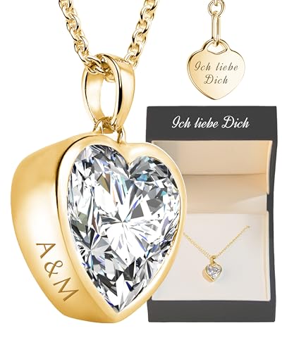 Herzkette Silber 925/Gold vergoldet mit Gravur Name Halskette Damen mit Herzanhänger Ich liebe Dich Kette Echt Silberkette Herz Stein Frauen Schmuck Geschenk für Sie personalisiert als Liebesgeschenk