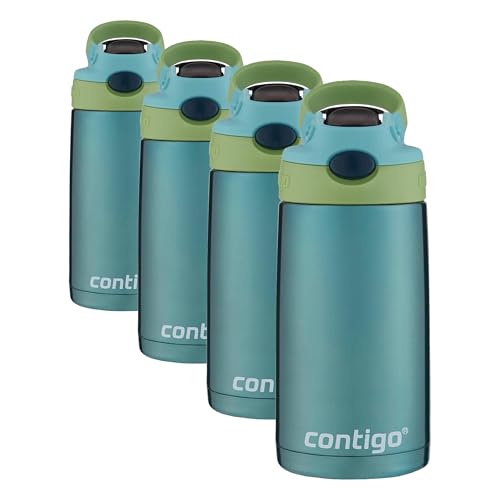 Image of Contigo Kids Stainless Steel Water Bottle with Redesigned AUTOSPOUT Straw, 13oz, Green and Blue, Easy Clean, BPA Free (Pack of 4)