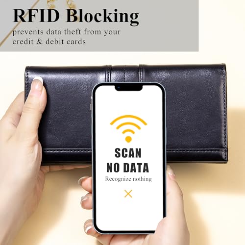 LUKZIJAES Wallets for Women Slim Long RFID Blocking Ladies Genuine Leather Bifold Wallet Womens with ID Window Coin Pocket (#1-Black)2