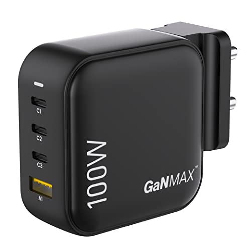 Ambrane Charge 100 100W GaN Charger Adapter, 4-Port Fast Charger with 3 Type C & 1 USB A Ports, PD Fast Charging for Compatible Laptops, MacBook, iPhone, Android Phones, Tablets & Earbuds, Black - Image 2