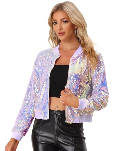 Allegra K Women's Sequin Jacket Bomber Long Sleeve Zipper Shiny Glitter Tops Sparkly Party Slitter Outfit Medium Pink Purple