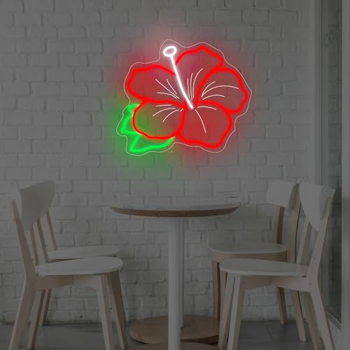 Image of Hibiscus Neon Sign Hibiscus Flower Neon Light Hawaii Floral Neon Light Tropical Flower Sign Home Wall Art Decoration, 15 inchx12 inch, Red