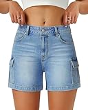AUWUKA Womens Cargo Jean Shorts High Waisted Microelastic Straight Leg Long Denim Mom Shorts