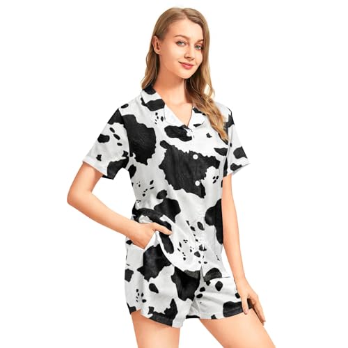 Image of Funny Pajamas for Women Set Print Satin Loungewear Pjs Short Sleeve Button Down Top and Shorts Sets Sleepwear XS-3XL