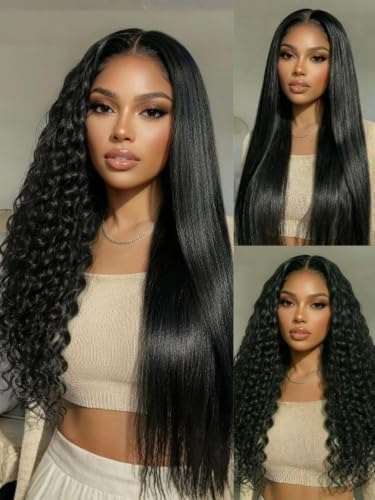 UNICE 2-in-1 Straight to Water Wave Human Hair Wig, 13x4 Lace Front Glueless Wig, Wet and Wavy Drawstring Wig, Pre-Plucked Hairline, Pre-Cut Lace, Bleached Knots, Beginner Friendly, 16 Inch