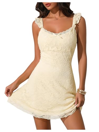 Milumia Women's Floral Lace Bow Ruffle Tank Mini Dress Scoop Neck Sleeveless Short Dresses Yellow Small
