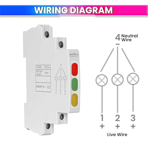 Image of amiciSense 3-Phase Indicator with Red, Green, and Yellow LED Lights - Only 1 cm Wide Reliable Phase Detection for 230VAC Systems, Din Rail Mount Panel Indicator