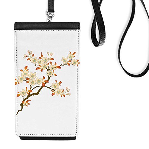 Bourse téléphone noir en cuir avec motif de feuilles et fleur plante pour smartphone suspendu