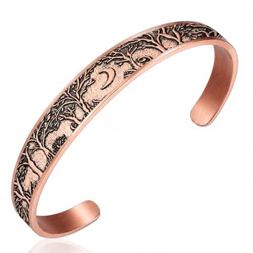 BioMag Bracelet Jonc Ouvert Cuivre Massif 100%, Arbre de Vie & Lune, Martelé Artisanal, Sans Nickel Plomb PFAS, Ajustable Homme Femme (Cuivre 615)