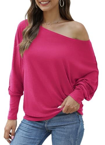 Image of Aifer Women's Off The Shoulder Tops Sexy Long Sleeve Shirts Oversized Fashion Casual Batwing Sweaters Pullover Tunic Tops
