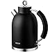 Produktbild Wasserkocher Edelstahl, ASCOT Elektrischer Wasserkessel, 2200 W, 1,6 liter, Retro Design, kabelloser Teekocher, BPA frei, Trockengehschutz, automatische Abschaltung (Schwarz)