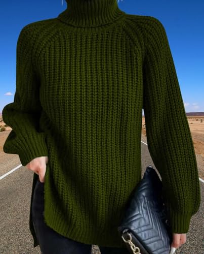 Fashionable High Neck Sweater Womens Slit Hem Long Sleeve Dress Style Knit Sweater Casual Workwear4