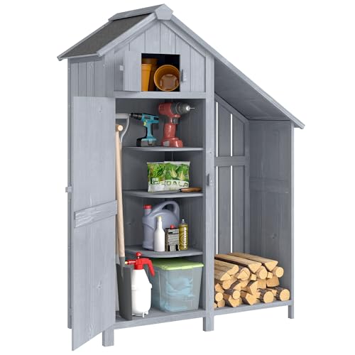 Outsunny Wooden Garden Storage Shed with 3 Shelves, Outdoor Garden Tool Storage Cabinet with Tilt Roof, Firewood Rack Log Carrier, 129 x 51.5 x 180cm, Grey