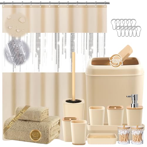 Beige Bathroom Accessories Set with Sequin Shower Curtain Beige Bathroom Decor with Trash Can,Toothbrush Holder, Toothbrush Cup,Soap Dispenser, Tray, Soap Dish,Toilet Brush