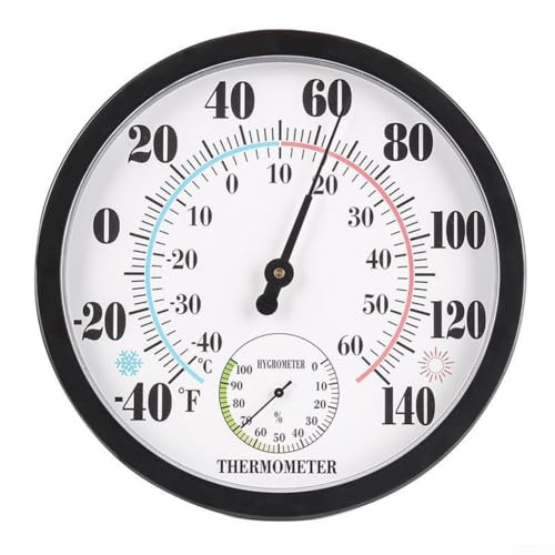 Besttoolifes Termómetro e higrómetro de 25 cm, pantalla grande, puntero para el hogar, higrómetro para interiores y exteriores, termómetro de 25 cm, montado en la pared, grande, color blanco