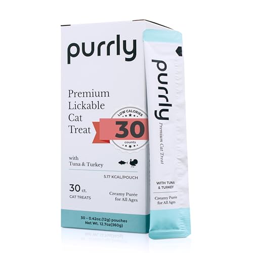 Image of Purrly Lickable Cat Treat Healthy Human-Grade Tuna & Turkey with L-Lysine & Astaxanthin for Immunity (30 Count) Soft Low Calorie Hydrating Interactive Snack Wild-Caught Farm-Grown Grain-Free