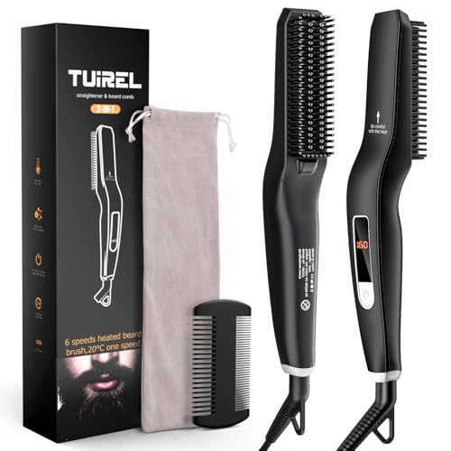 TUIREL Beard Straightener for Men, 2 in 1 Heated Beard Brush, 6 Temperature Settings LCD Display Anti-scalding Hot Comb for Beard Care Kit for Men Gifts Set
