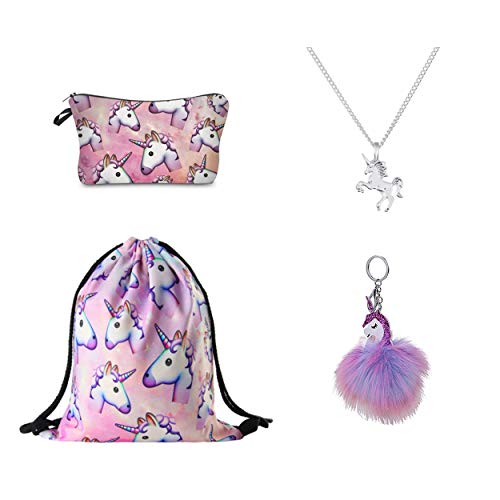 DRESHOW 4 Paquete Unicornios Mochila con Cordón Maquillaje Bolsa