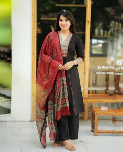Image of GoSriKi Women's Rayon Viscose Printed Straight Kurta with Pant & Dupatta