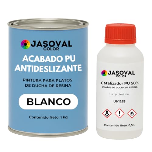 Jasoval Color Pintura Antideslizante para Platos de Ducha de Resina - Kit de 2 Componentes (1kg Pintura + 0,5kg Catalizador) - Variedad de Colores con Certificación Antideslizante (Blanco)