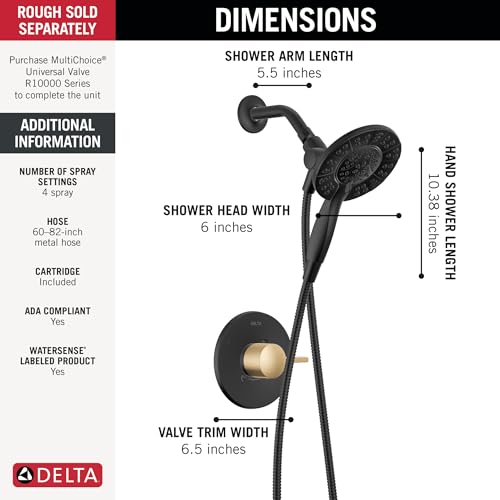 Image of Delta Faucet Albion 14 Series Single-Handle Shower Faucet, Black /Gold Shower Trim Kit with In2ition 2-in-1 Dual Hand Held Shower Head, Matte Black /Champagne Bronze T142855-GZ-I (Valve Not Included)