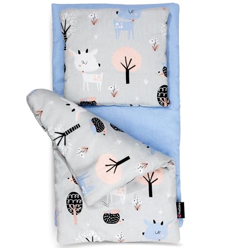 PinkZebra 3er Set Puppenbettwäsche für Puppen bis 43 cm, Puppenbettzeug 3-teilig, Decke + Kissen + Matratze, Puppenbettzeug mit Matratze für Puppenbett, aus Baumwolle, Bambi